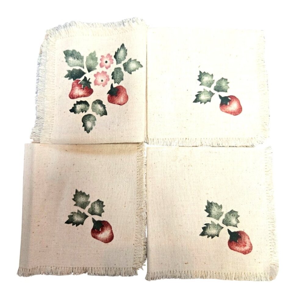 Vtg Strawberry Floral theme beige cloth napkins table linens folk art farmhouse